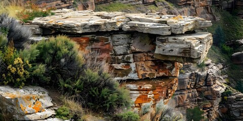 Wall Mural - Overlooking a vast wilderness, a rugged cliff showcases textured rock layers and moss-covered shrubs. Concept Nature, Landscape, Wilderness, Cliff, Textures