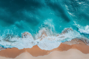 Wall Mural - Blue sea surf on golden sand beach bird's eye view