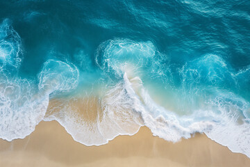 Wall Mural - Blue sea surf on golden sand beach bird's eye view