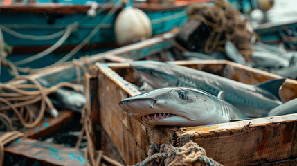 Wall Mural - Wooden box with pile of fresh sharks on board, big shark with shiny scales lying in the wooden box, Ai generated Images