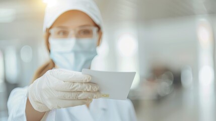 A woman wearing a white lab coat and a white hat is holding a piece of paper