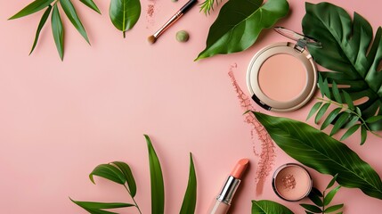 Wall Mural - a pink background with various cosmetics and leaves on it