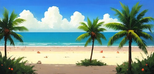 Wall Mural - a painting of a beach with palm trees