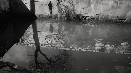 Poster - Black And White Photograph Of A Person's Silhouette Reflected In A Shallow Body Of Water