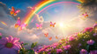 © Kondor83 - Colorful butterflies in idyllic kitsch heavenly landscape with rainbows