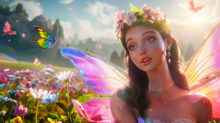 Wall Mural - Portrait of a fairy with wings in flowering field