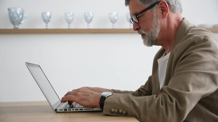 Wall Mural - Mature businessman ceo trader using computer, typing, working in modern office, doing online data market analysis, thinking planning tech strategy looking at laptop with copy space.