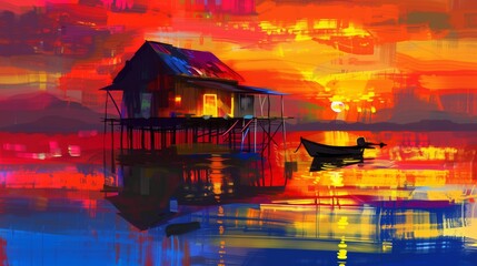 Canvas Print - digital art of a fishing hut on the water, digital painting with a bright color palette and brush strokes, vector illustration with colorful, fantasy and modern details