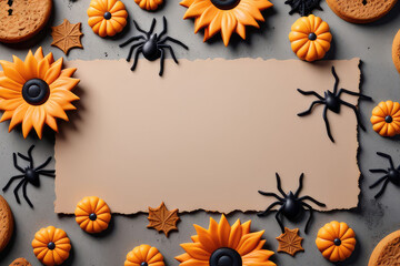 Wall Mural - Halloween with cookies, leaves and spiders on  concrete background with space for text.