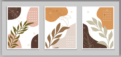 Wall Mural - botanical wall art vector set. boho foliage line art drawing with abstract shape. abstract plant art