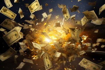 Dynamic image of us dollar bills exploding with a bright light, symbolizing sudden wealth