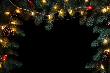 Poster - Christmas border of coniferous branches and colorful garlands of lights