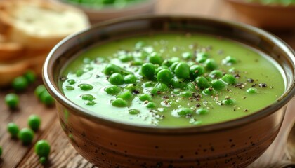 Wall Mural -  Bowl of green peas cream soup with bread toast on wooden table