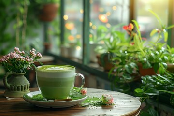 Wall Mural - Matcha latte, japanese tea with matcha, vegan matcha, green tea matcha latte... Matcha latte tea.