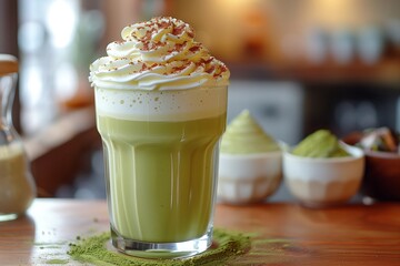 Wall Mural - Matcha latte tea, japanese tea with matcha, vegan matcha. A matcha latte with whipped cream and matcha powder on top. Matcha latte, green tea matcha latte.