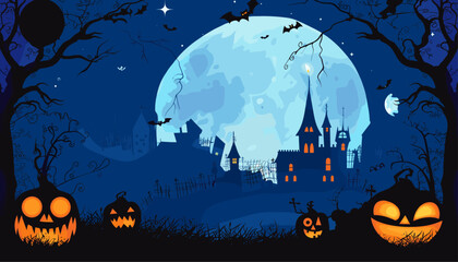 Wall Mural - Spooky Halloween Blue Vector Background Scene, Haunted House, Pumpkin Patch