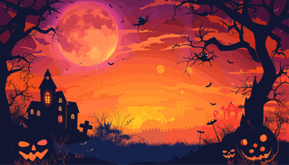 Wall Mural - Horizontal Halloween Spooky Nighttime Scene Background, Creepy Haunted House, Dark Moonlit Forest Trail