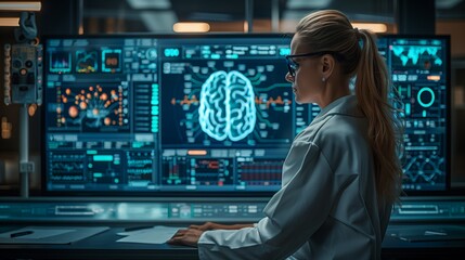 Poster - woman in lab coat working on computer with brain image on screen