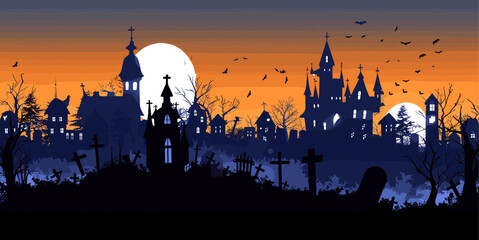 Wall Mural - Vector illustration for Halloween 2025 holiday. Panorama of a sinister village with castle, cemetery, and abandoned village. Halloween panorama, sinister village, Halloween panorama banner background