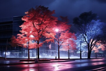 Poster - Brightly lit trees with neon lights in urban setting