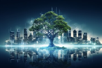 Poster - Digital trees emitting light in a high-tech city