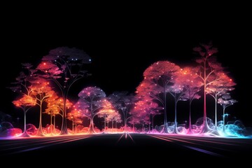 Poster - Neon-glowing trees lining city streets