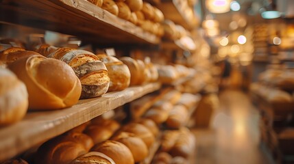 Wall Mural - Background of a traditional bread bakery with fresh bread loaves on a wooden table