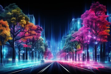 Poster - Neon-glowing trees lining city streets