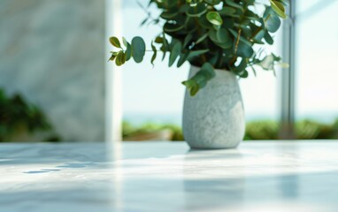 Poster - Luxurious Tranquil Fashion Theme Display with Smooth White Marble Table and Bokeh Background, Bright Natural Light