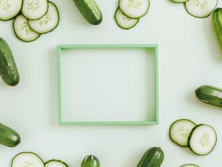 Leinwandbilder - Healthy Fresh Cucumber Display Mockup with Empty Green Frame on White Background, Ideal for Branding and Promotional Content