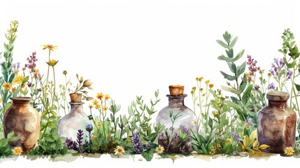 Herbalists Garden A watercolor painting of a traditional herbalists garden with various medicinal plants and herbs