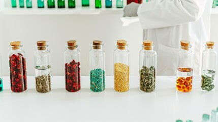 Aufkleber - Male and Female Scientists Analyzing Herbal Ingredients in a Bright Laboratory, Focused on Natural Health Products Development