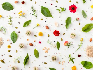 Poster - Vibrant Organic Ingredients Pattern Seamless Design of Leaves, Flowers, and Seeds on White Background