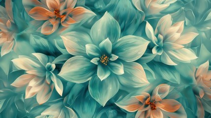Wall Mural - Ethereal Floral Symmetry on Teal Background - Realistic Style with Soft Pastel Colors and Natural Light