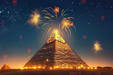 A vibrant pyramid stands tall amidst a kaleidoscope of fireworks, celebrating a joyous holiday festival. The night sky is ablaze with colorful lights and patterns.