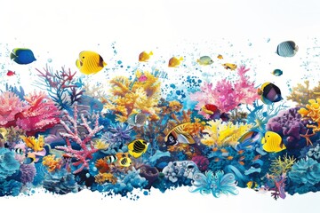 Wall Mural - A dreamlike underwater scene featuring a kaleidoscope of coral reefs and exotic fish, teeming with life and color. The illustration is a mesmerizing blend of realism and fantasy.