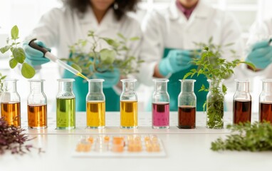 Aufkleber - Diverse Team of Scientists Analyzing Botanical Extracts in a Laboratory Setting, Engaged in Research During Daylight