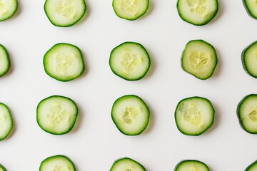 Aufkleber - Bright and Harmonious Pattern of Green Cucumber Slices on White Background, Evoking Freshness