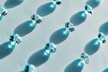 Poster - Harmonious Grid of Blue Sapphires on a Bright White Background, Evoking a Luxurious, Crisp Atmosphere with Soft Shadows