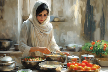 Wall Mural - a woman in white dress preparing food in the kitchen