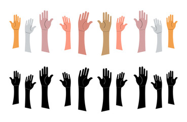 Raised hands vector set. Teamwork, voting, collaboration, volunteering concert. Vector illustration