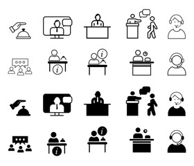 Reception desk icon set. Collection of Containing receptionist, hotel bell, customer service, counter, registration, client, cashier symbols.