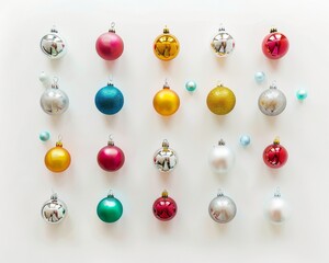 Poster - Floating Christmas Ornaments on a White Background in Soft Light Minimalist Festive Decor