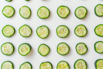 Poster - Harmonious Pattern of Fresh Green Cucumber Slices on a Bright White Background A Simplistic and Clean Display Evoking Freshness