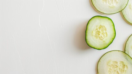 Leinwandbilder - Fresh Green Cucumber Slice on a Clean White Surface, Perfect for Health and Wellness Branding