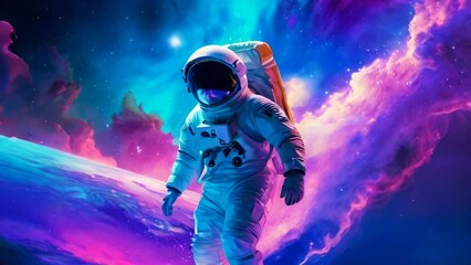 Wall Mural - An astronaut walks through the vast expanse of space, the colorful nebula swirling around them.