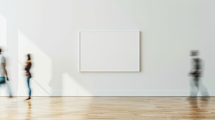 Aufkleber - Blurred Figures Passing by an Empty Frame on White Wall in Modern Minimalist Indoor Setting, Natural Light Ambiance