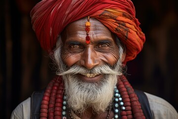 close-up view of a beaming indian elder with a traditional turban, showcasing cultural attire