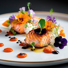 Wall Mural - Delicious healthy A piece of fish meal in a plate michelin starred roasted grilled steak photos