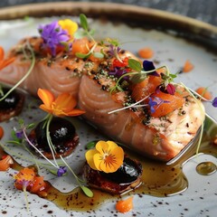 Wall Mural - Delicious healthy A piece of fish meal in a plate michelin starred roasted grilled steak photos